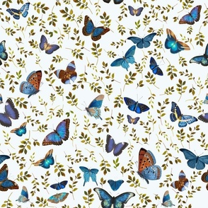 Nostalgic Retro Blue Butterflies, Moths Fabric, Vintage Butterfly fabric,leaf and moth fabric, Vintage home decor,  antique wallpaper,off white, insects tea towel