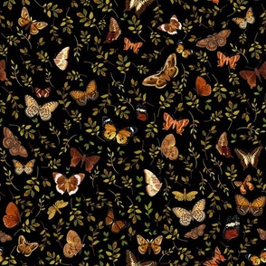 Nostalgic Retro Brown Butterflies, Moths Fabric, Vintage Butterfly fabric,leaf and moth fabric, Vintage home decor,  antique wallpaper,night black, insects tea towel