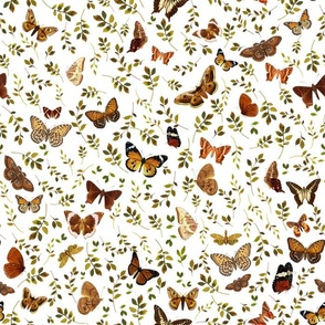 Nostalgic Retro Brown Butterflies, Moths Fabric, Vintage Butterfly fabric,leaf and moth fabric, Vintage home decor,  antique wallpaper,off white, insects tea towel