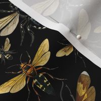Nostalgic Retro Bees, Wasps Fabric, Vintage Bee fabric, Vintage home decor,  antique honeybee wallpaper, insects tea towel black