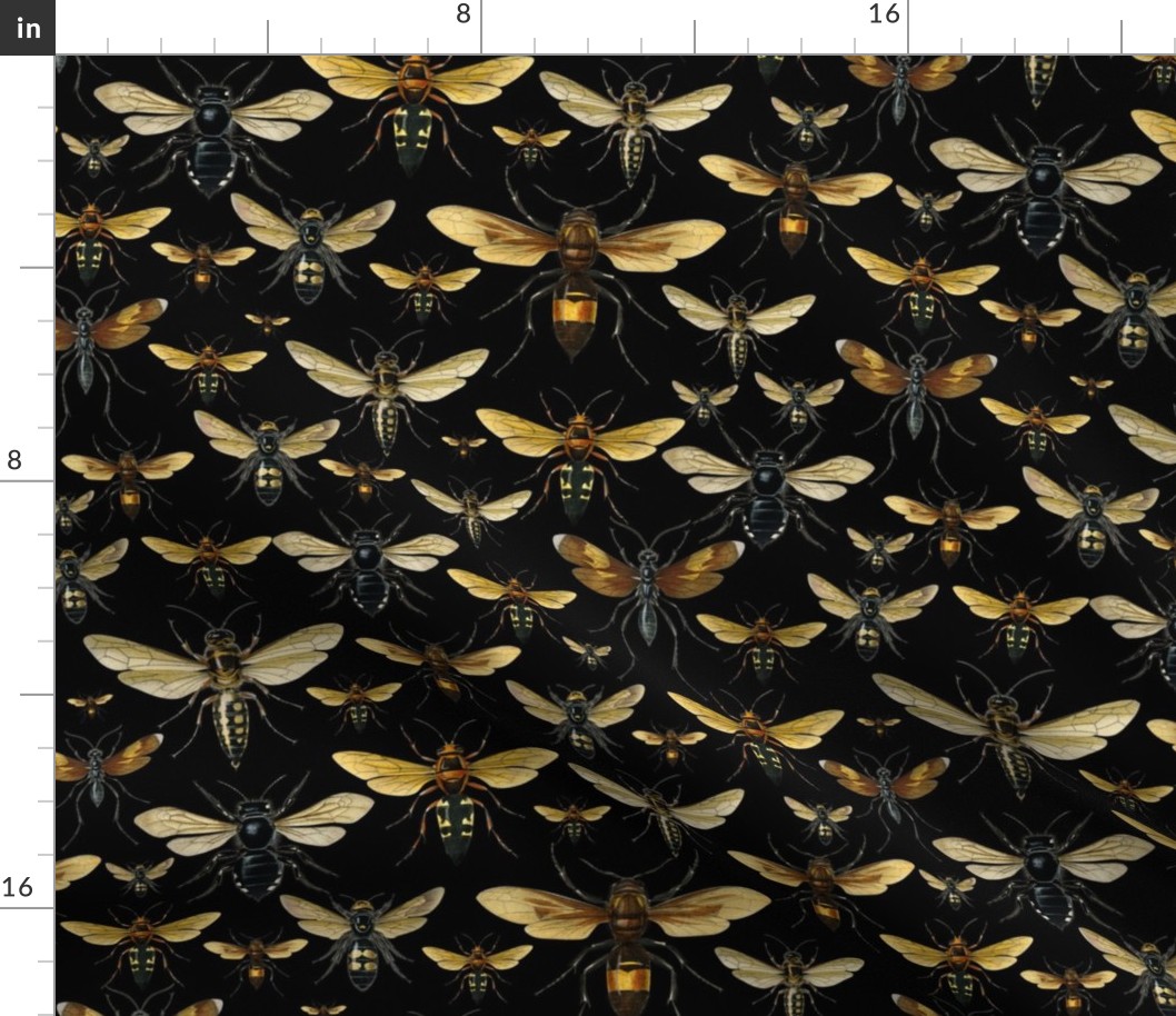 Nostalgic Retro Bees, Wasps Fabric, Vintage Bee fabric, Vintage home decor,  antique honeybee wallpaper, insects tea towel black
