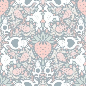 white rabbits and strawberries pastel | small