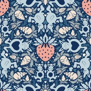 cute rabbits and red strawberries on blue | small