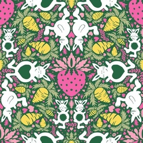 white rabbits and strawberries pink on dark green | small