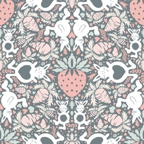 white rabbits and strawberries blush and gray | small