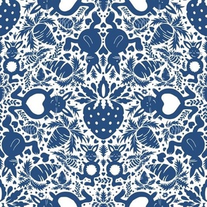 white rabbits and strawberries dark azure blue | small