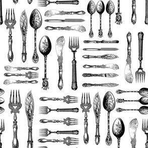 Antiqued Silver Cutlery - Silverware - Black and White 