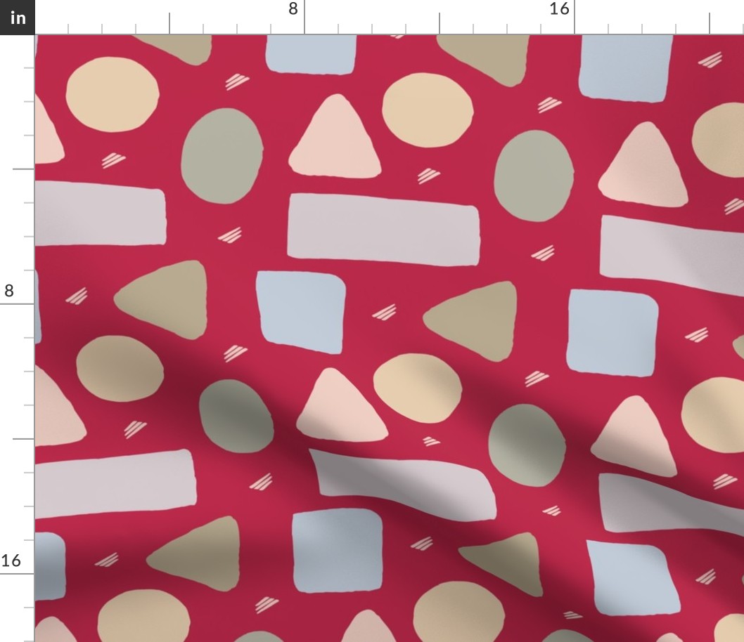 Colourful squares, triangles, circles, rectangles, stripes and ovals on a Viva Magenta background.