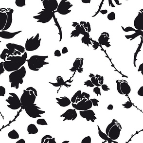 Silhouettes of black roses with thorns and leaves on white background, black and white floral