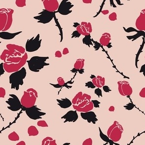 Viva Magenta roses with black leaves and thorns, on apricot background