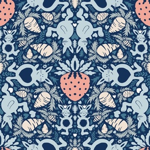 cute rabbits and strawberries on dark blue | large