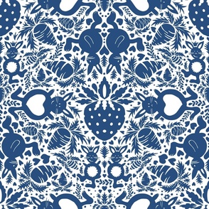cute rabbits and strawberries monochromatic azure blue | large