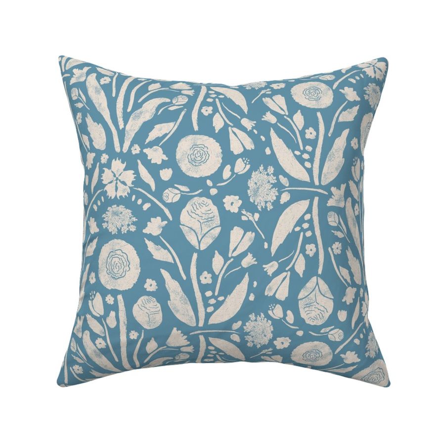 Garden Wall - China Blue & Cream block print Grandmillennial damask floral