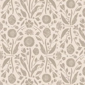 Garden Wall - Cream and Gray block print floral 
