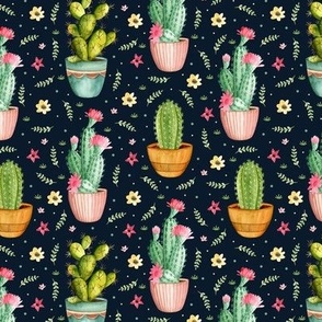 Floral cactus dark blue pattern