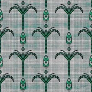 Half drop Euphoric Spring Palm tree carrot tops vertical stripes on plaid pale blues and teal mirrored half drop