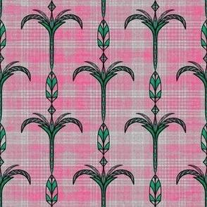 Half drop Euphoric Spring Carrot top palm trees vertical stripes on plaid pink, greys and teal half drop