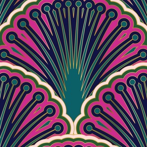 Art Deco Miami Overlapping Fan Scalloped Geometric Pattern - Pink Navy Teal and Green