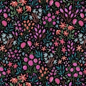 Rainbow Garden Ditzy Hand Drawn Floral in Black - Designed by Makewells