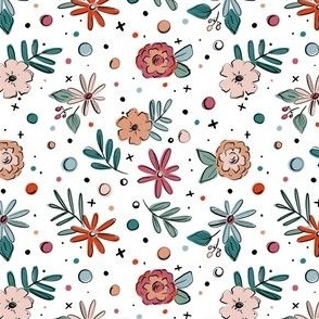 Doodle Flowers in Turquoise, Green and Orange