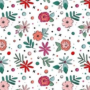 Doodle Flowers in Red, Coral, Pink and Green