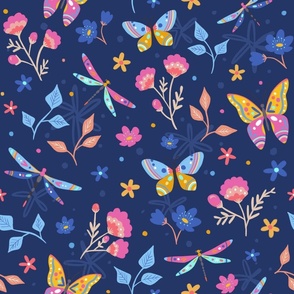 Butterfly and Dragonfly Garden Florals in Navy, pink, and yellow