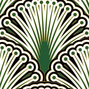 Art Deco Overlapping Fan Scalloped Geometric Pattern - Green Black and White