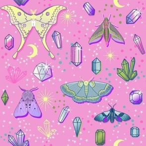 Sparkly  Luna Moths, crystals and gems bright bubblegum Pink