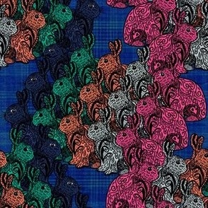 Euphoric Spring doodled chevron bunnies on dark blue plaid small, pink, dark blue, cyans, brown