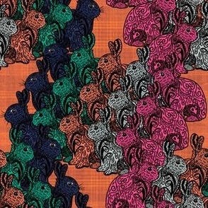 Euphoric Spring doodled chevron bunnies on orange plaid small, pink, dark blue, cyans, brown