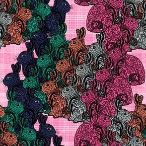 Euphoric Spring doodled chevron bunnies on pink plaid small, pink, dark blue, cyans, brown