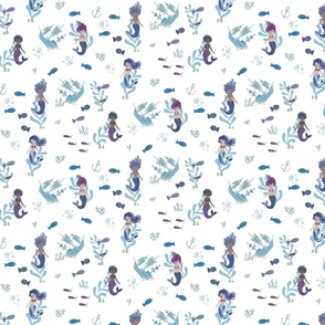 Mermaids Blue Colors and White Background Small