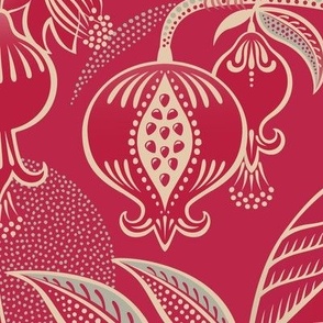 Pomegranates and Cardinals- Fruit and Birds- Viva Magenta- Festive Holidays Red and Gold- Luxurious Christmas- Xmas Jumbo