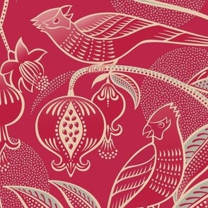 Pomegranates and Cardinals- Fruit and Birds- Viva Magenta- Festive Holidays Red and Gold- Luxurious Christmas- Xmas- Large