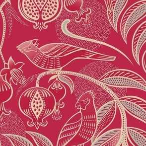 Pomegranates and Cardinals- Fruit and Birds- Viva Magenta- Festive Holidays Red and Gold- Luxurious Christmas- Xmas- Medium