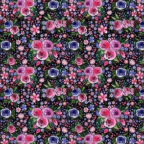 SMALL Loose Expressive Watercolor Floral Roses in Pink and Purple on Black (Valentines Hugs and Kisses Collection)