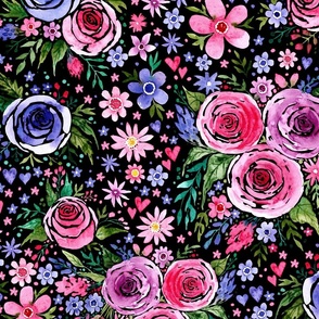 MEDIUM Loose Expressive Watercolor Floral Roses in Pink and Purple on Black (Valentines Hugs and Kisses Collection)