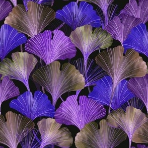 Shimmering Watercolor Ginkgo Leaves in Purple, Indigo, and Khaki