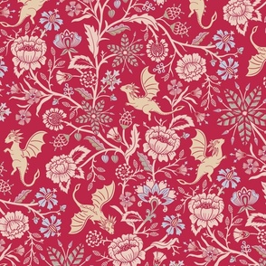 Pollinator dragons - traditional floral on Viva Magenta, colour of the year 2023 - large