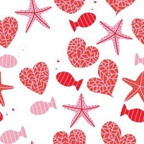 Valentine's Day Cute Fish, Coral Hearts and Starfish Under The Sea Fabric in Red, Pink and White