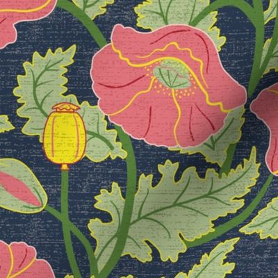 Art Nouveau Pink Poppies on Navy