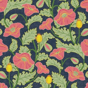 Art Nouveau Pink Poppies on Navy