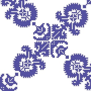 Hungarian Traditional Tulip Cross-stitch Design, Blue on White