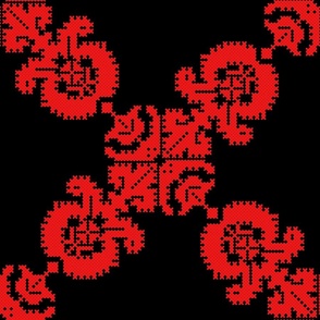 Hungarian Traditional Tulip Cross-stitch Design, Red on Black