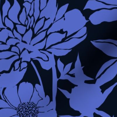 Peonies silhouette floral -  Blue peony flowers on a black background - large