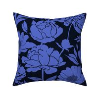 Peonies silhouette floral -  Blue peony flowers on a black background - large