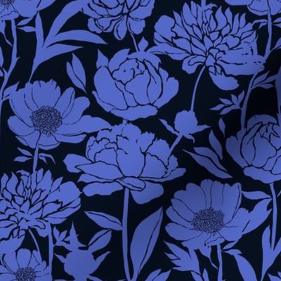 Peonies silhouette floral -  Blue peony flowers on a black background - medium