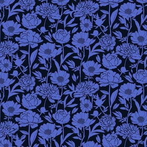 Peonies silhouette floral -  Blue peony flowers on a black background - medium