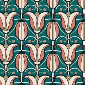 Art Deco Tulips in Aged Terra Cotta and Apricot on Teal