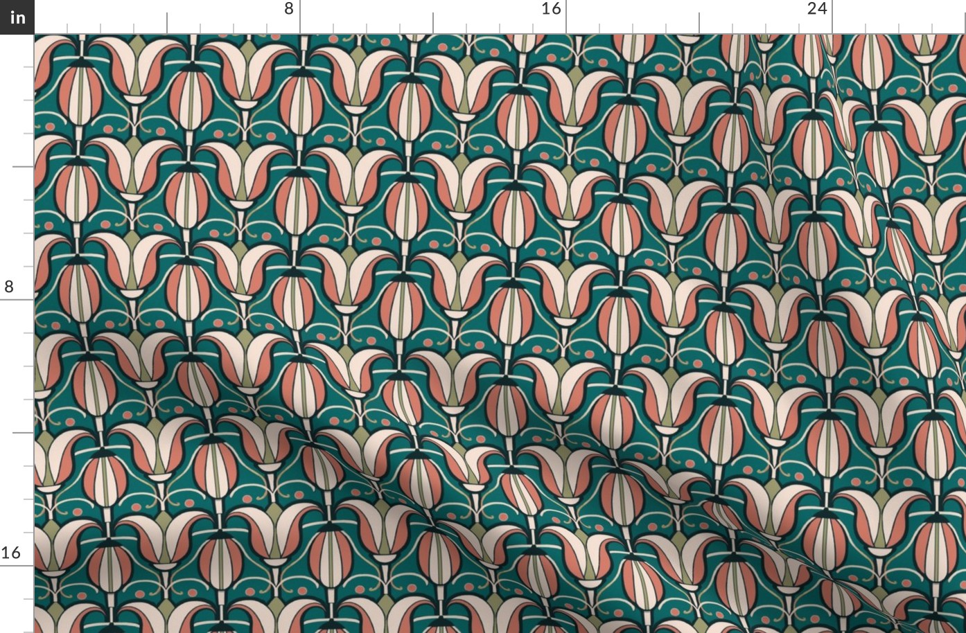 Art Deco Tulips in Aged Terra Cotta and Apricot on Teal